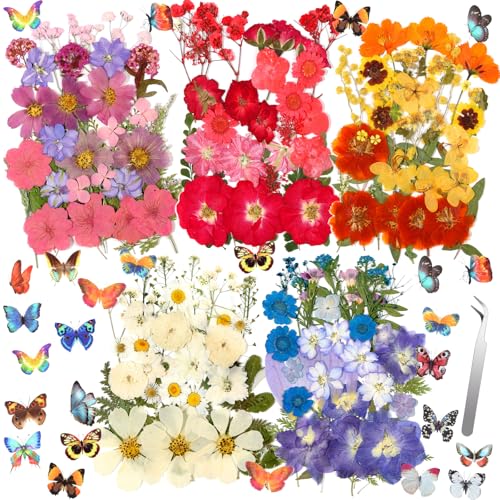 269 PCS Dried Pressed Flowers for Resin Crafts, Bulk Real Nature Pressed Flowers Set Dried Wildflowers Leaves with Butterfly Stickers Tweezers for Jewelry Making DIY Scrapbook Floral Frame Decors - size: 269 Pcs Dried Flowers with Butterfky