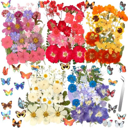 269 PCS Dried Pressed Flowers for Resin Crafts, Bulk Real Nature Pressed Flowers Set Dried Wildflowers Leaves with Butterfly Stickers Tweezers for Jewelry Making DIY Scrapbook Floral Frame Decors - size: 269 Pcs Dried Flowers with Butterfky