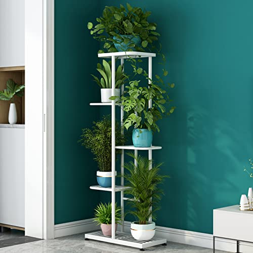 LINZINAR Plant Stand Metal 5 Tier 6 Potted Multiple Flower Pot Holder Shelf Indoor Outdoor Planter Display Shelving Unit for Patio Garden Corner Balcony Living Room (5 Tier 6 Potted, White) | Space Saving,6 Potted Multiple Flower Pot Holder,Tiered Plant R