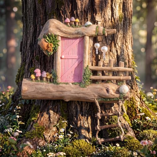 Sliner Fairy Door for Trees Outdoor Resin Fairy Garden Door, Pink | with Pearl Crystal Hanging Accents, Miniature Gnome House for Garden Accessories Wall Outdoor Decorations Tree Trunk - color: Pink