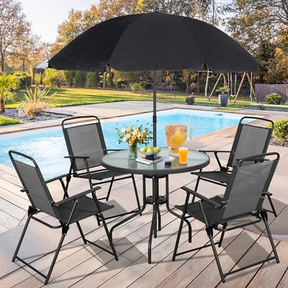 Vongrasig 6 Piece Folding Patio Dining Set,Small Metal Outdoor Garden Patio Table and Chair Set w/Umbrella for Lawn,Deck,Backyard,Black - color: Black