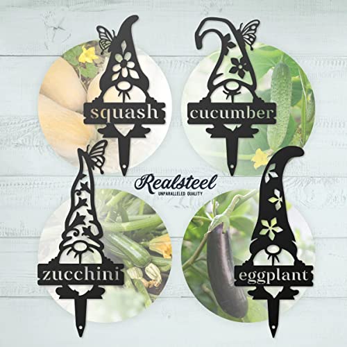 RealSteel Personalized Gnome Garden Labels – 5 Pack Metal Plant Markers | Custom Vegetable, Herb & Flower Garden Stakes for Outdoor Plants | Weatherproof Garden Décor | Gardening Gift | Made in USA
