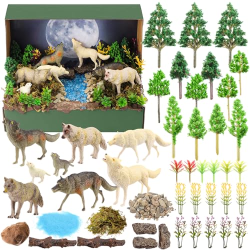 Teyva Daily 48 Pcs Woodland Wolf Diorama Kit Habitat Project Box Set Wolves Diorama Supplies Include Forest Wolves Animals Figurines Artificial Trees with Cardboard DIY Crafts Birthday Gifts - color: Wolf
