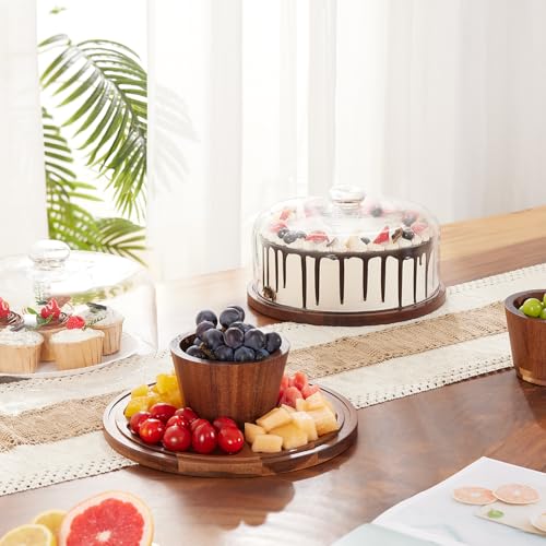 VIVIRBIEN Wooden Cake Stand with Lid: 11in Stand w/Magnetic Pedestal | Durable Glass Dome-Solid Acacia Holder-Multi-use for Dessert/Cupcake-Ideal for Kitchen/Birthday/Party/Decor/Charcuterie