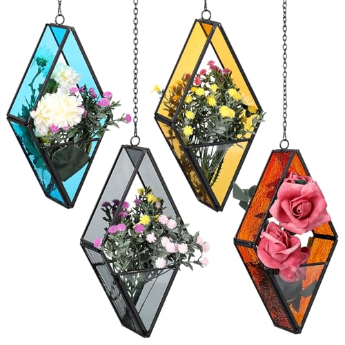 Hushee 4 Pcs Hanging Glass Planter Geometric Terrariums Chain,Cute Color
