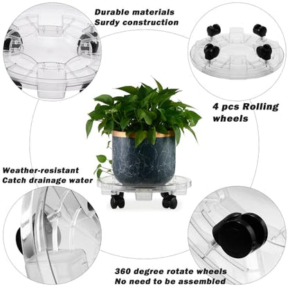 4 Packs 11.8 Inches Large Clear Plant Caddy Plant Saucers on Wheels Rolling Plant Stands Heavy-duty Plant Dolly Plastic Planter Roller Base Pot Movers Outdoor Plant Tray Coaster - size: 11.8 inch