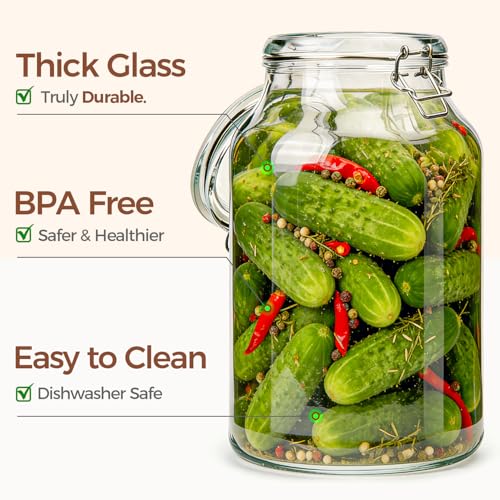 ComSaf Large Glass Jars with Airtight Lids 1.1 Gallon 2 Pack Wide Mouth | BPA-free food-grade glass, wire clamp seal, wide mouth, 138 oz, bulk flour & sugar, rice, kimchi prep, large mason jar - size: 138oz*2