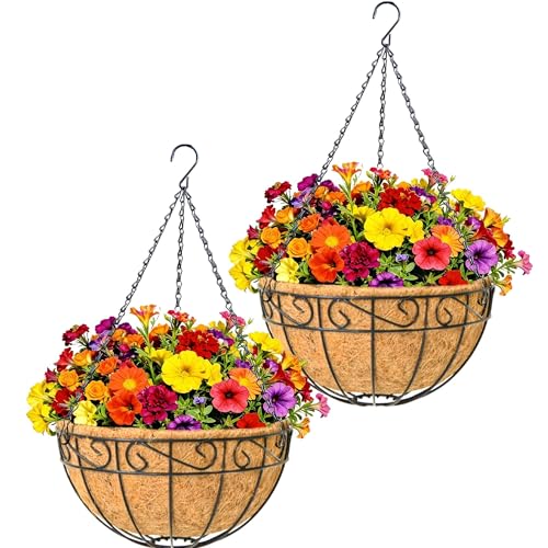 2 Pack 12" Round Metal Hanging Basket for Outdoor Plants Durable Large Hanging Planter with Coco Coir Round Plant Holders Planter for Outside Garden Decoration (Flower Border)