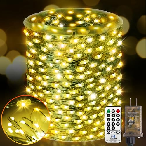 KNONEW 532FT 1600LED Green Wire Outdoor Fairy Lights Plug in Warm White | Timer,Memory,Dimmable,Remote,Waterproof,Green Wire,Invisible in Greenery,for Garden,Wedding,Party, Indoor/Outdoor, Christmas - color: Warm White, size: 532FT 1600 LED Green Wire