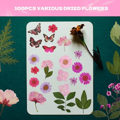 Dried Flowers for Resin 116Pcs Pink Real Natural Pressed Flowers | with 10 Butterfly Stickers, Dried Leaves kit for Scrapbook Supplies Card Making Resin - size: 116 pcs Pink Dried Flowers with Butterfly Stickers