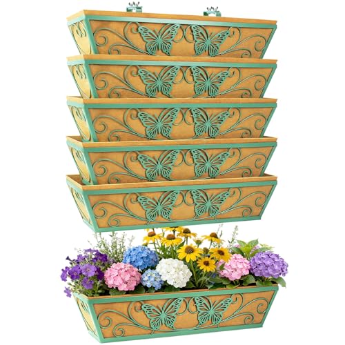 6 Pack 24 Inch Window Boxes Planter for Outdoor Plants Deck Railing Planters Box with Adjustable Brackets for Porch Fence Balcony Hanging Flower Baskets with Liner for Garden Décor - Green - color: Green, size: 24 Inch - 6 Pack