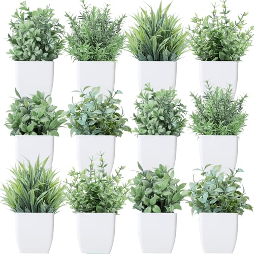 Unittype 12 Pcs Small Fake Plants Artificial Faux Plants, White Pot, Gray - color: Grey