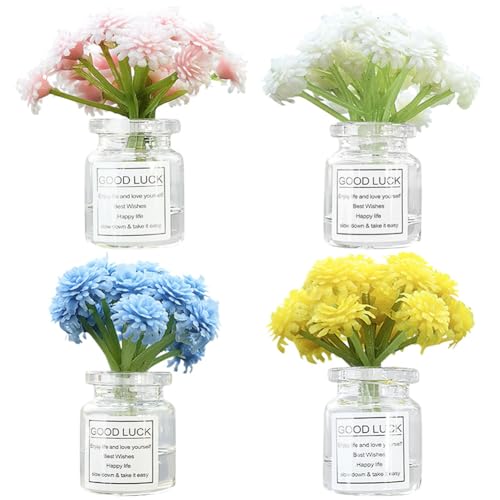 Set of 4 Cute Mini babysbreath Flower Vase Car Dashboard Decorations Self-Adhesive Mini Vase with Artificial Flowers Ornaments Car Interior Accessories for Women Presents - color: Babysbreath