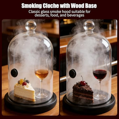 MDEOOSKY Smoking Cloche with Wood Base, Cocktails Smoke Infuser Accessory, for Dessert Food and Drinks Classic Glass Smoke Cloche Glass Dome for Smoker Gun Cocktails