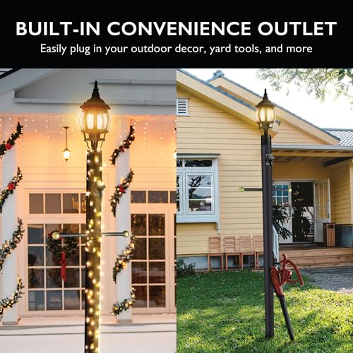 Design House Oakmont Outdoor Lamp Post, Integrated Outlet, Weather-Resistant, Powder-Coated Steel, 15.5-in. Plastic Cross-Arm, Easy Installation, Black, 3 in. Diameter x 80 in. H, 579714 | With Outlet, In Ground, Traditional, Steel, Lighting, 579714 - col