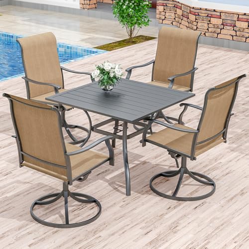 Anmutig 5 Piece Patio Dining Set, 35" Square Table & 4 Swivel Chairs, Brown | Weather-Resistant Textilene, Powder-Coated Steel Frame, Umbrella Hole, Easy Assembly, Balcony, Garden, Backyard, Poolside - color: Brown, size: Table-35"*35", style: Arm Style2
