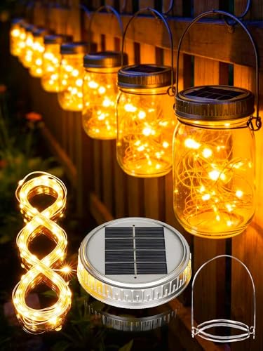 Cooo 12 Pack Upgraded Solar Mason Jar Lid with 30 LED Firefly Light – 215% Larger Solar Panel, Waterproof Anti-Rust Cover, Fits Standard Mouth (Included Hanger Not Included Jar), for Patio Garden