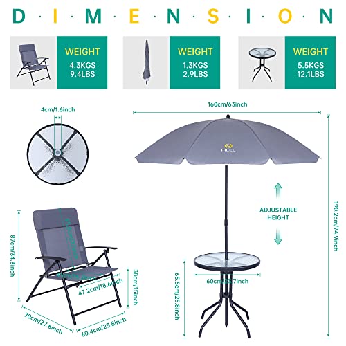 Nice C 4 Piece Patio Furniture Set with Umbrella, Outdoor Dining Set (Grey) | Patio Furniture Set, Patio Table And Chairs, 4-Piece Garden Set, Glass Table, 2 Folding Chairs