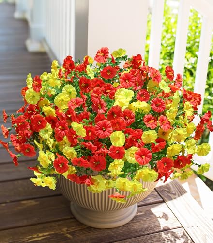 HyeFlora Artificial Flowers for Outdoors Fake Plants Outside Decoration, 12 Bundles Silk Colorful Morning Glory with Eucalyptus UV Resistant Realistic Faux Flowers for Planter Porch Patio Yard Garden - color: Multi-color (6 Yellow, 6 Orange)