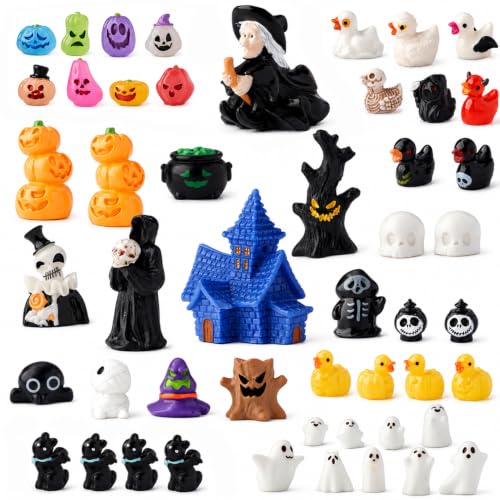 50Pcs Halloween Miniature Figurine Set, Spooky Mini Resin Decor | Variety Pack with Pumpkins, Ghosts, Mini Resin Aminals, Ideal for Landscaping, Terrarium, Crafting DIY, Desk Display - color: Halloween Set