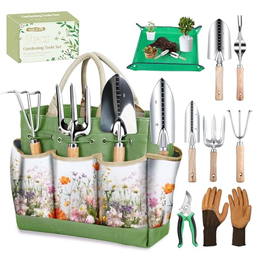 Garden Tools 9 Pcs Heavy Duty Gardening Tool Set Green Tote Bag Men Women | 9-Piece Gardening Gifts, Rust-Proof Stainless Steel, Ergonomic Wooden Handles, Mess-Free Repotting Mat, Garden Hand Tools - color: Green