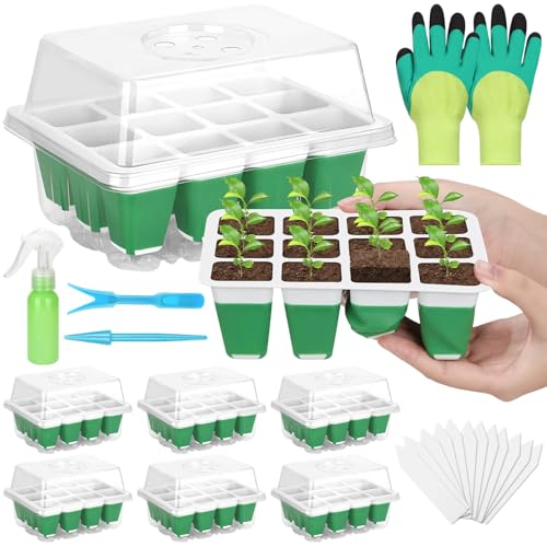 Mckanti 6 Pack Silicone Seed Starter Tray, Reusable Seed Starter Kit with Humidity Adjustable Dome, Lid and Tools for Indoor Seed Germination - size: 6 Pack