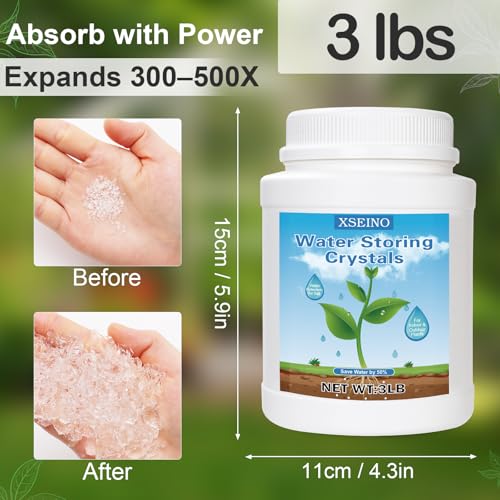 XSEINO 3LB Soil Moisture Crystals Water-Absorbing Hydrogel for Plants Solves Over and Under-Watering, Long-Lasting Water Retention to Keep Soil Moist Polymer Water Storage Crystals - color: 3 LB