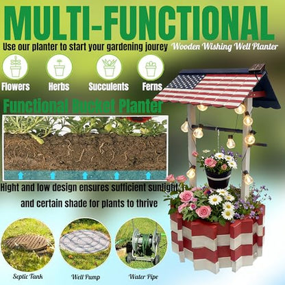 NestNature Large Americana Wooden Wishing Well Planter with Solar Lights - color: Patriotic Color&light, size: 21.75"x21.75"x47.85"
