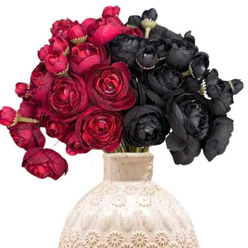 ASTRYAS Ranunculus Artificial Flower 24Pcs Red Silk Ranunculus Wedding Bouquet Engagement Centerpieces Arrangements Bridal Shower Decorations Home Decor, Dark Red/Black - color: Red&black