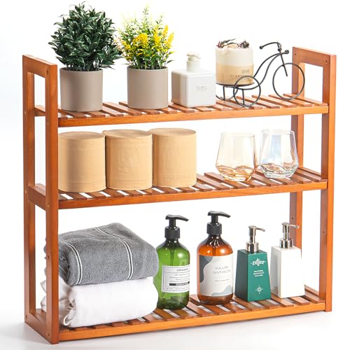 Wood Bathroom Shelf, 3-Tier Adjustable Shoes Rack&Plants Rack, Wall-Mounted or Stand for Living Room (Honey Oak)