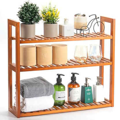 Wood Bathroom Shelf, 3-Tier Adjustable Shoes Rack&Plants Rack, Wall-Mounted or Stand for Living Room (Honey Oak)