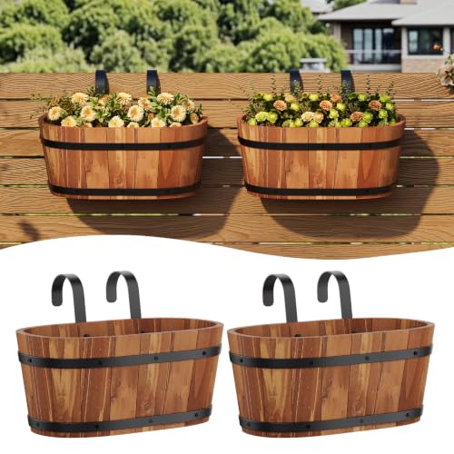 Railing Planters for Outdoor Plants Balcony Hanging Flower Pots with Detachable Hooks, Window Flower Box Hanging Bucket Pots Fence Planters for Garden Home Decor (Brown-2pack, Large) - color: Brown-2pack, size: Large