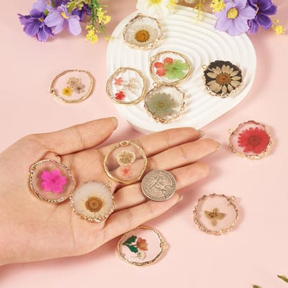 Natural Dried Pressed Flower Charms Geometric Shape Dried Flower Resin Charms Epoxy Resin Floral Pendants for DIY Crafts Necklace Earring Keychain Jewelry Making - color: Mixed Color-Flat Round Flower