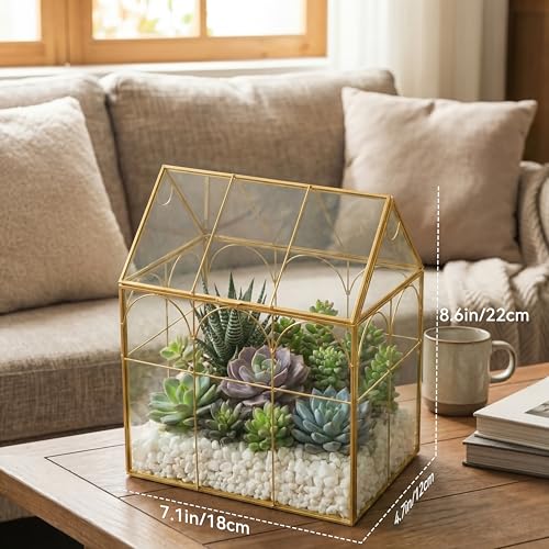 Fochier Geometric Glass Terrarium Planter, Handmade House-Shaped with Front Opening Door, Small Succulent & Cactus Display Box with Lid, Indoor Tabletop Micro Landscape Decor, No Plants, Gold