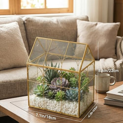 Fochier Geometric Glass Terrarium Planter, Handmade House-Shaped with Front Opening Door, Small Succulent & Cactus Display Box with Lid, Indoor Tabletop Micro Landscape Decor, No Plants, Gold