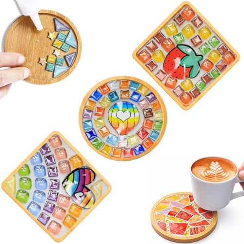 GHAHILI 3 Sets DIY Glass Mosaic Tiles for Crafts with Wooden Coasters - Graduation Birthday Gifts Mosaic Kits for Adults Women Mosaic Art Kits Craft Handmade Making Kit Set Decorations for Home Gift - color: Colorful -3 Sets