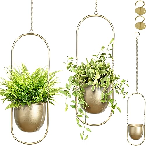 AceList Boho Hanging Planter for Indoor Plants - Set of 2 Gold Metal Wall Planter 5.7Inch with Hooks and Chins, Plant Hanger Decor for Window and Patio - Suitable for Hanging Plants Decor - color: 5.5-inch Diameter Pot