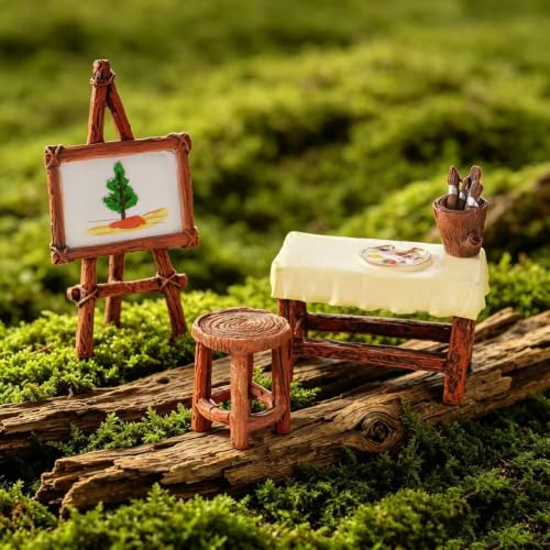 Miniature 4 Pcs Mini Fairy Garden Accessories, Fairy Garden Accessories Kit, Resin Tiny Easel Table and Chairs Set, Miniature Decor Set - Outdoor & Indoor Garden Decor