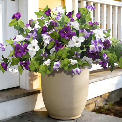 Grunyia Artificial Petunia Flowers - UV Resistant Realistic Faux Silk Petunias for Indoor Outdoor Garden Porch Balcony Yard Home Decor, Fade-Proof Fake Flower Arrangements (White+Purple) - color: White+purple