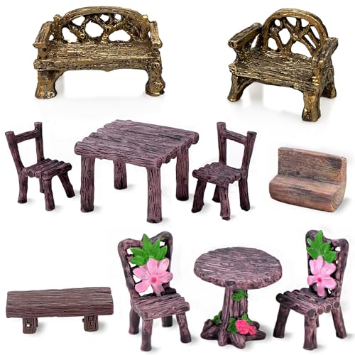 Fairy Garden Accessories Miniature Table and Chairs Set Pack of 10 | Micro Landscape Decoration DIY Craft Gift - style: Table And Chairs Set