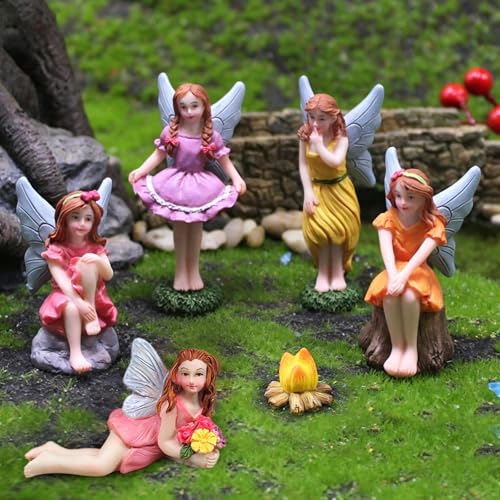 5 Mini Fairies Figurines & Campfire Tiny Fairy Garden Accessories Outdoor | Small Little Resin Fairies Figure Decor Supplies for Pot Bonsai Miniature Landscapes Kit - color: 5 Fairies & Campfire