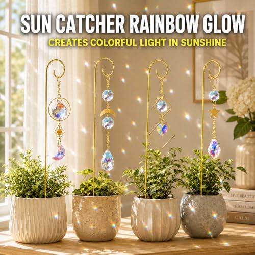 4 Pcs Small Trellis for Potted Plants Indoor with Crystal Sun Catcher Pendant, Metal Plant Stake for Mini Potted Plant Decoration for Home Window Garden