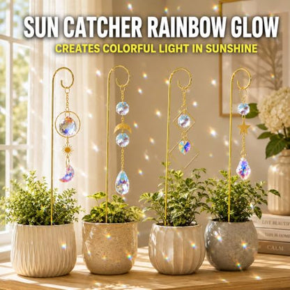 4 Pcs Small Trellis for Potted Plants Indoor with Crystal Sun Catcher Pendant, Metal Plant Stake for Mini Potted Plant Decoration for Home Window Garden