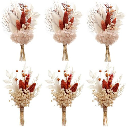 xin's convey Mini Dried Flower Bouquet Set of 6, Groom's and Best Man's Boutonnieres, Dried Flower Gift Box, Boho Wedding Plate Decoration, Birthday Cake Arrangement (Terracotta) - color: Terracotta