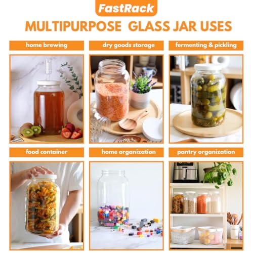 1 Gallon Glass Jar with Lid | Wide Mouth Food Storage and Fermentation Jar | Heavy-duty Glass Jars with Lids for kombucha, pickling and dry goods | Large Glass Jar with Lid has a reusable plastic cap - size: 1 Pack