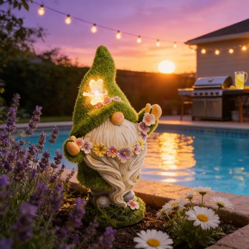 DiliComing Garden Gnomes Statue Solar Yard Decoration Green Moss Gnome | Solar Light, Dwarf Sculpture for Outdoor Patio Porch Lawn Decor, Spring Decorations
