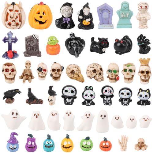 CCINEE 48pcs Halloween Mini Resin Miniature Figurines for Crafts, Small Fairy Garden Figures to Hide Tiny Pumpkin Ghost Skull Village Collections for Holiday Party Favor Indoor Table Dollhouse Decor