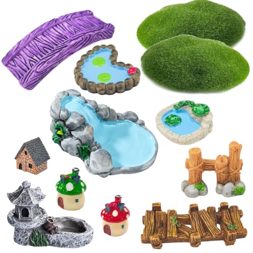 12 Pcs Mini Fairy Garden Accessories, Resin Miniature Landscape Decorations Set, Tiny Stone Bridge Lighthouse Water Well Pond Figurines, DIY Terrarium Decor for Fairy Garden, Dollhouse, Desk Display