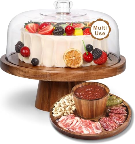 Bellsal Wooden Cake Stand with Lid, Acacia Cake Stand with Plastic Dome, 12-Inch Versatile Dessert Table Display Set & Charcuterie Board for Cheese, Chips & Dips, Fruit Platter, Cake Holder for Party - size: 2-in-1
