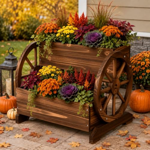 24" Extra Large Rustic 2-Tier Wooden Wagon Planter Box | Carbonized wood flower cart with 2 tiers, drainage holes, liner, and wagon wheels for porch, patio, and garden decor - color: Wagon Planter Box-carbonized Wood